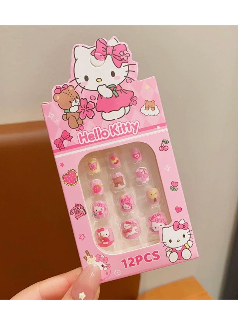 12pcs KT الصحافة على الأظافر للأطفال ، نصائح الأظافر الكاذبة الكرتون لطيف مع أداة مانيكير ، مجموعة تصحيح الأظافر DIY القابلة للإزالة للبنات - Image 4